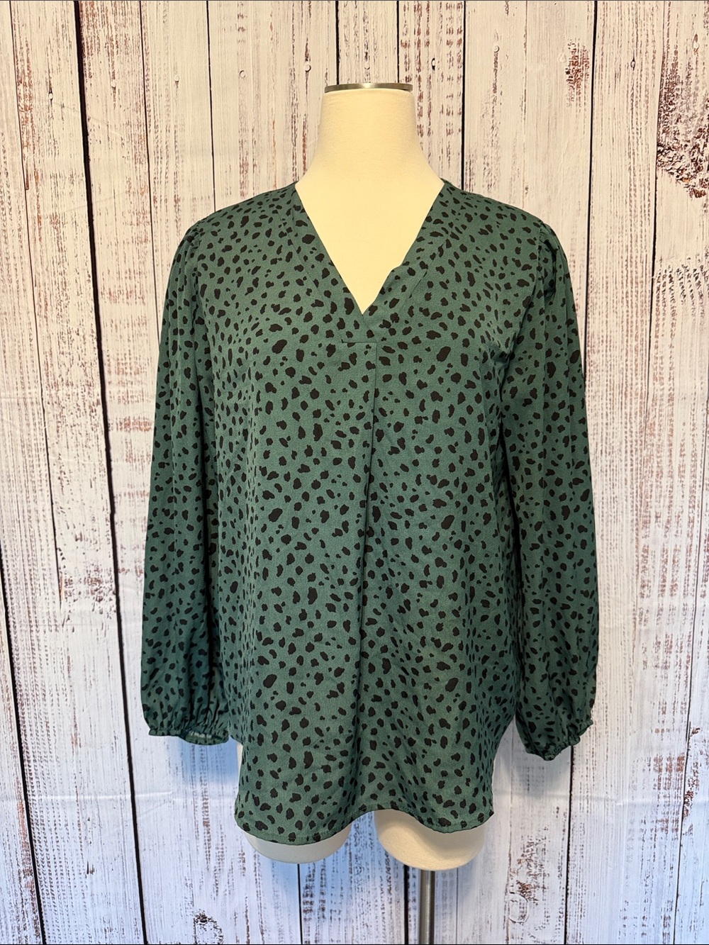 Forest Green Printed V-Neck Balloon Sleeve Blouse